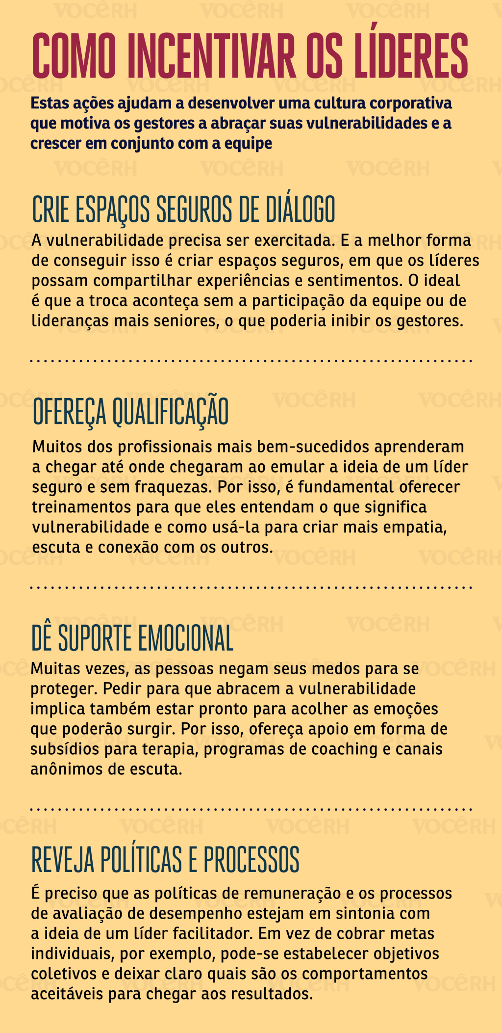 como incentivar líderes Infográfico mostra que as melhores formas para incentivar os líderes são criar espaços seguros de diálogo, oferecer qualificação, dar suporte emocional e rever políticas e processos