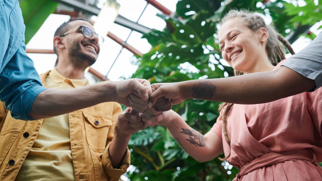 Quatro pessoas estão sorridentes, unidas e se cumprimentando com as mãos