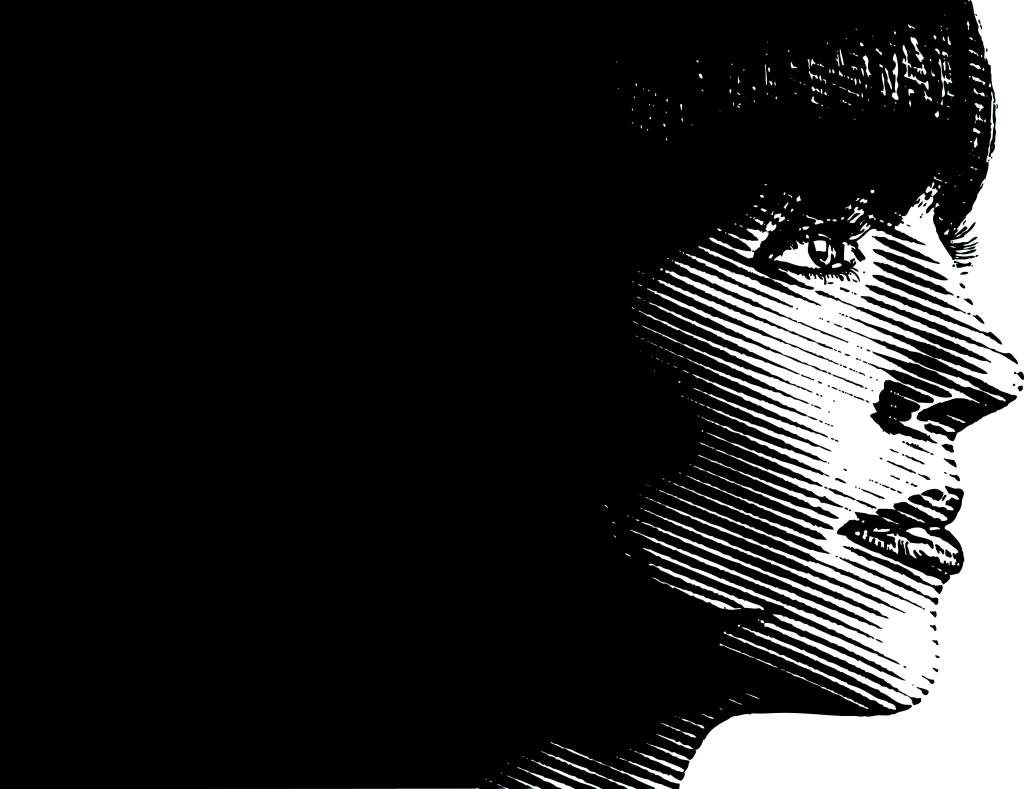 Ilustração em preto e branco do perfil de uma mulher de cabelo de corte chanel com franja