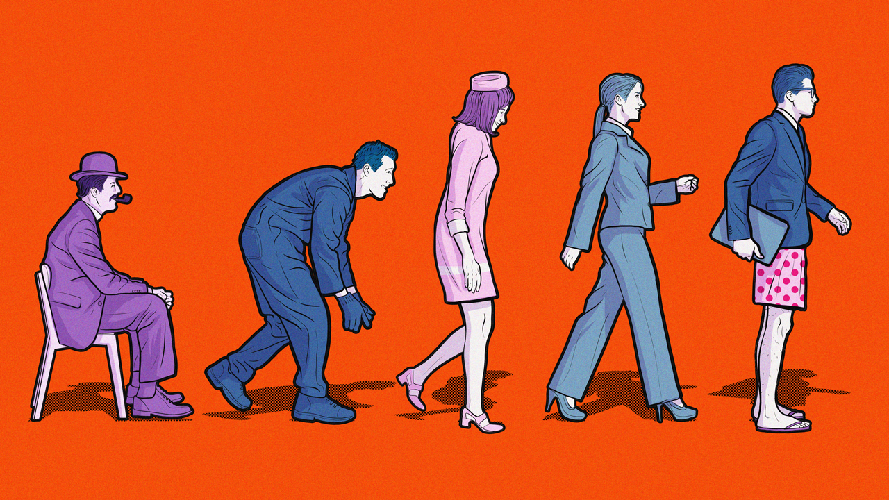Uma fila de seres humanos com roupas de diferentes épocas