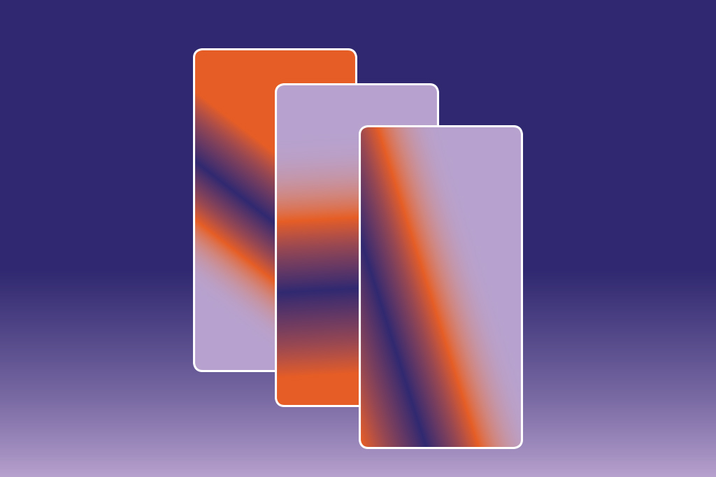 Ilustração, em fundo degradê roxo, com três retângulos remetendo ao formato de smartphones.